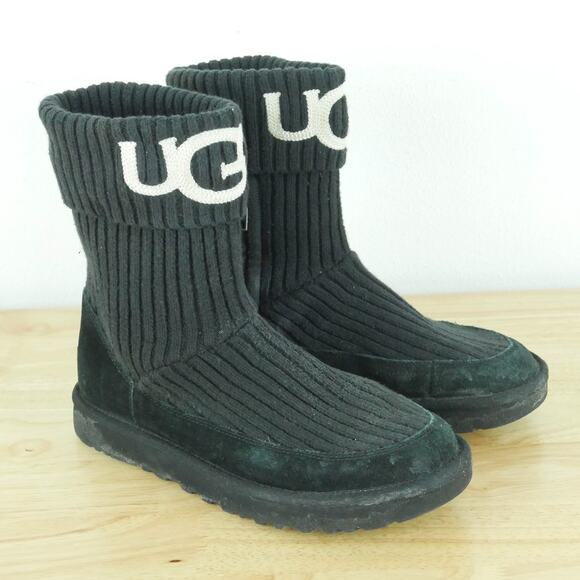 UGG Shoes - UGG Size 8 Boots Black Sweater Knit Embroidered Logo Pull On Preppy Comfy